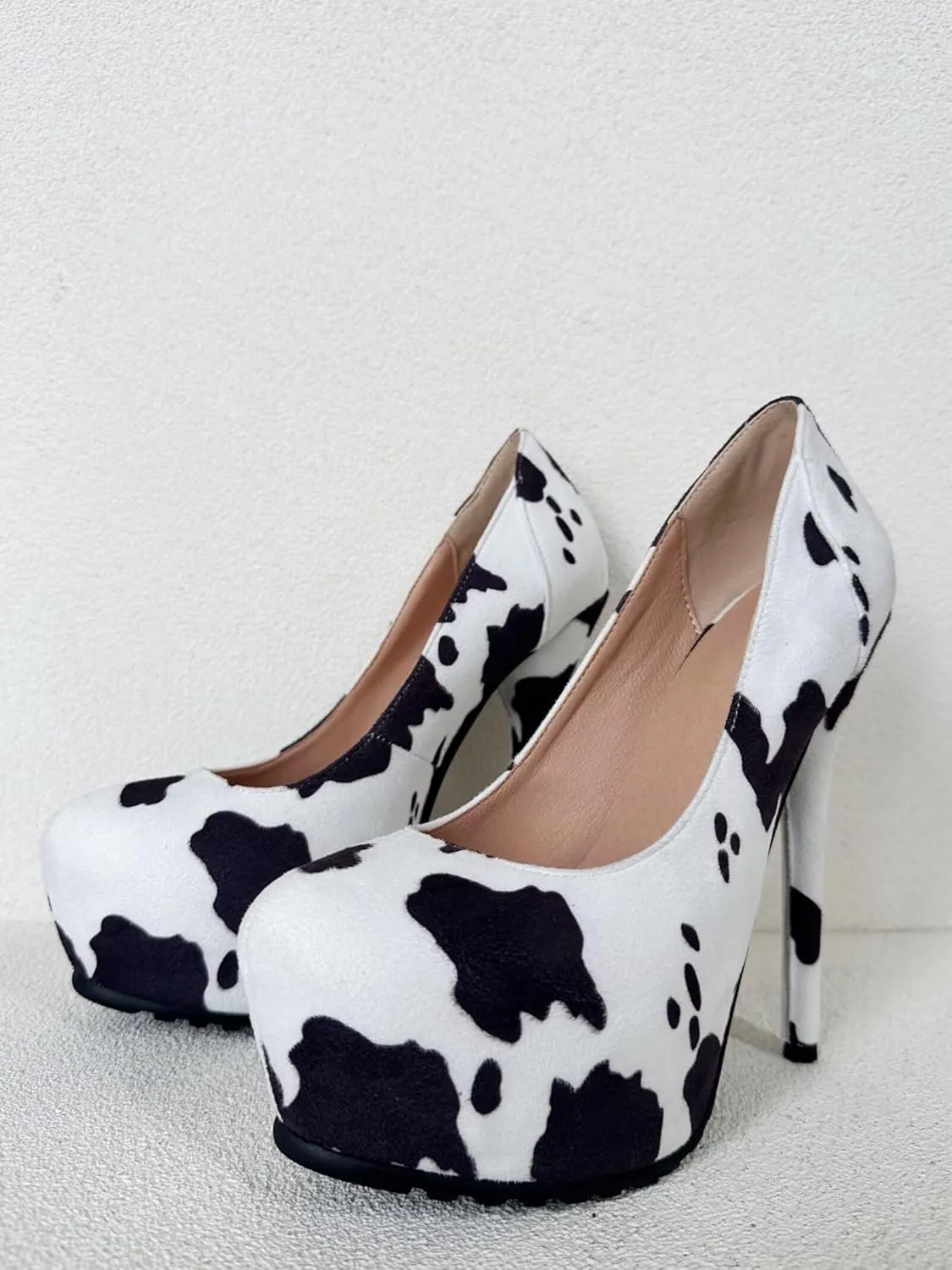 Frankie Hsu Ladies Stiletto Platform High Heeled Pumps, Cow Print Suede Dating Party Style, Big Large Size US5-19 Shoes for Women Men