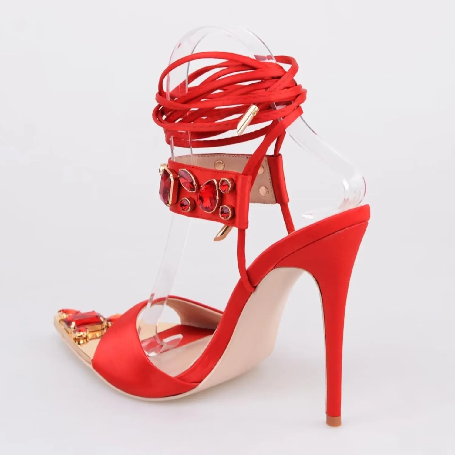 Frankie Hsu Women's Large Big Size Lace Up Luxury Crystal Rhinestone Green Gem Stiletto Satin High Heeled Sandals
