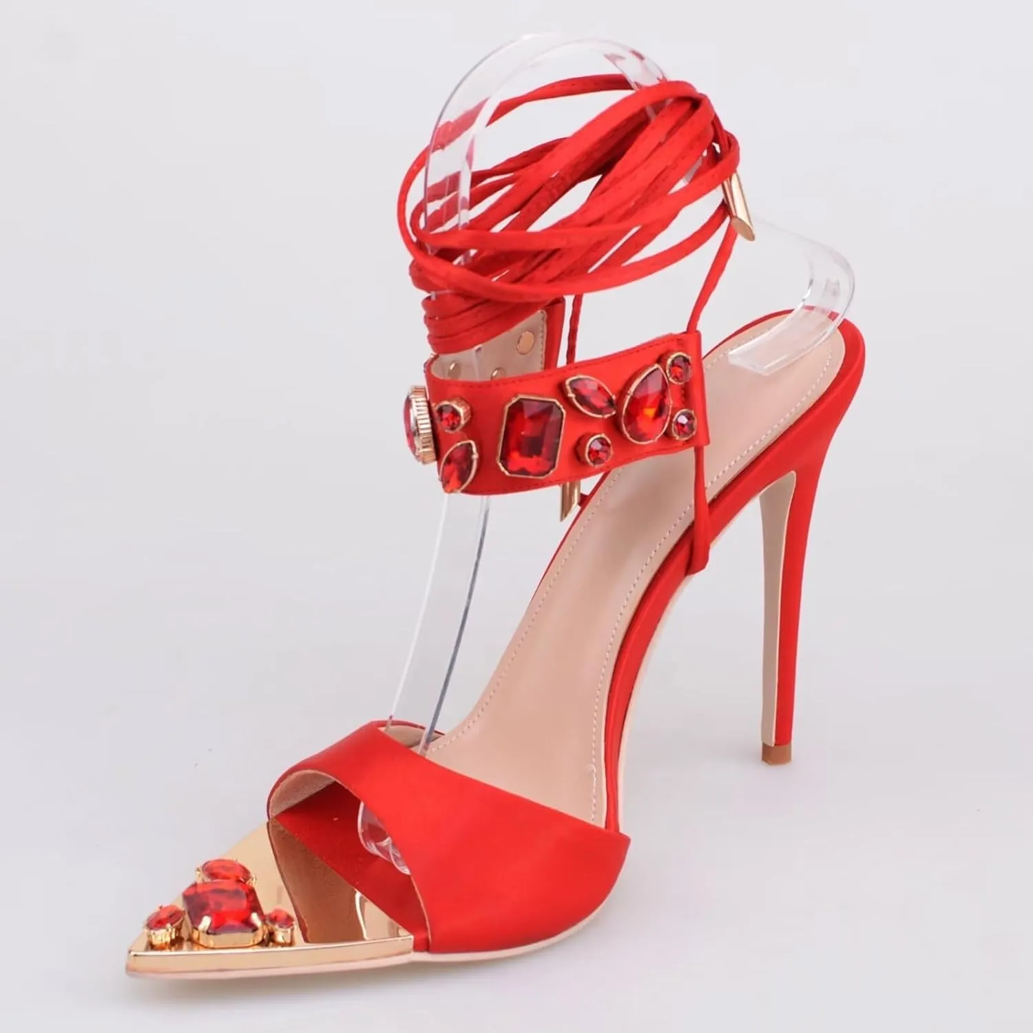 Frankie Hsu Women's Large Big Size Lace Up Luxury Crystal Rhinestone Green Gem Stiletto Satin High Heeled Sandals
