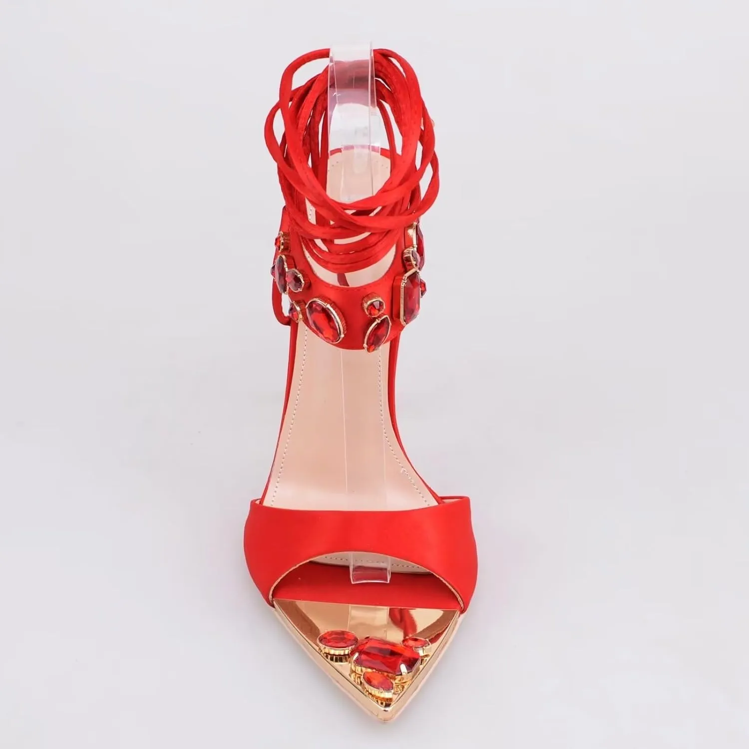 Frankie Hsu Women's Large Big Size Lace Up Luxury Crystal Rhinestone Green Gem Stiletto Satin High Heeled Sandals