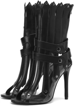 Frankie Hsu Women's Large Size Transparent Clear PVC Gladiator Ankle Boots Peep Toe High Heeled Sandals