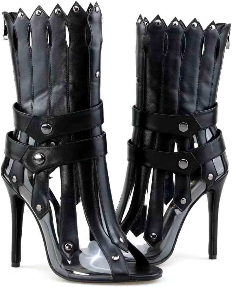 Frankie Hsu Women's Large Size Transparent Clear PVC Gladiator Ankle Boots Peep Toe High Heeled Sandals