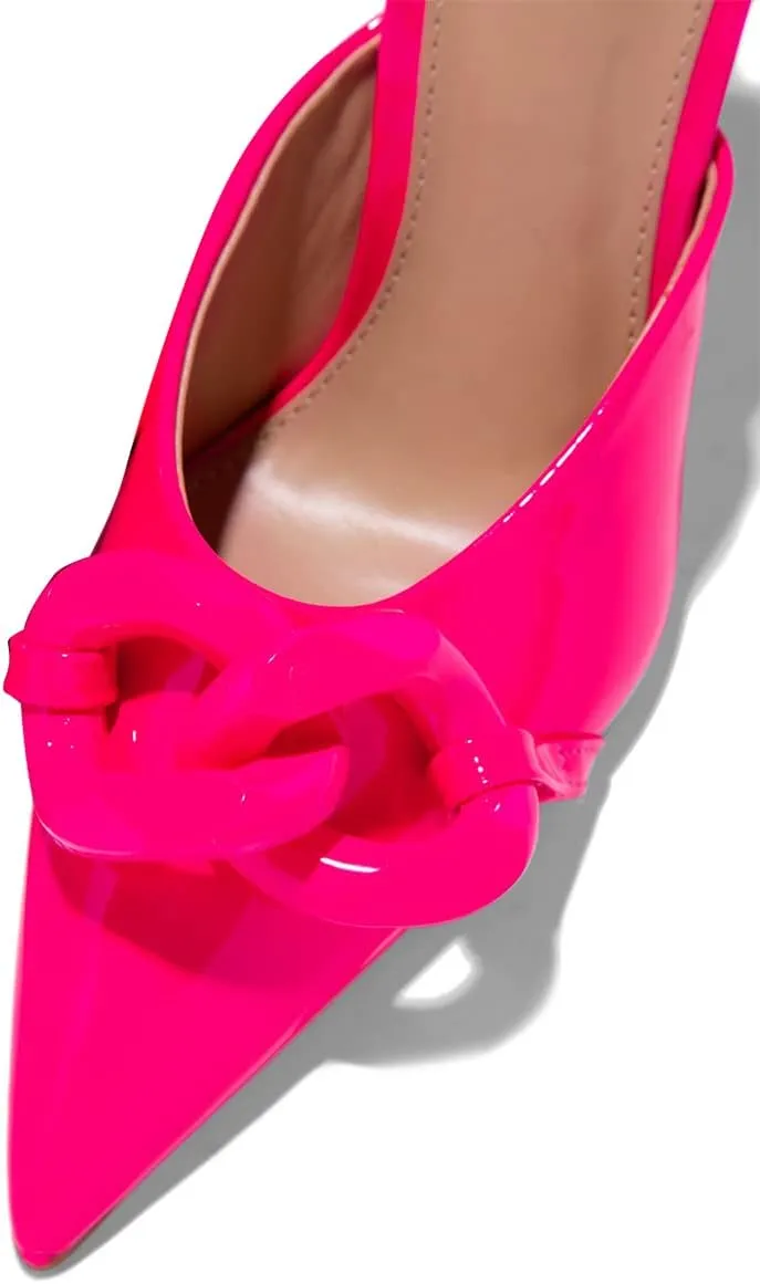 FSJ Women Pointed Toe Chain Stiletto Heels Slide Mules Dress Patent Leather Slip On Loafer Party Heeled Sandals Shoes Size 4-15 US