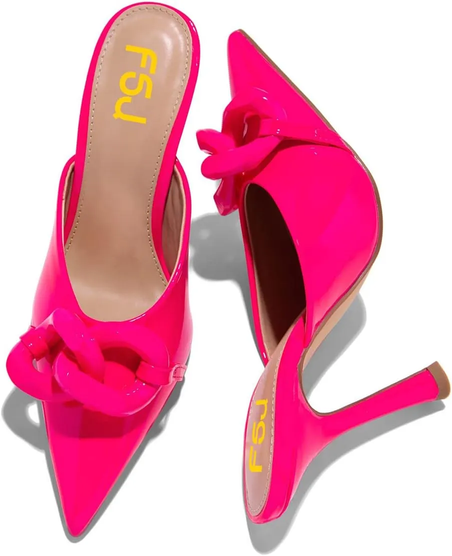 FSJ Women Pointed Toe Chain Stiletto Heels Slide Mules Dress Patent Leather Slip On Loafer Party Heeled Sandals Shoes Size 4-15 US