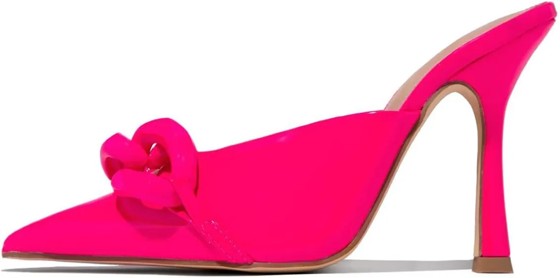 FSJ Women Pointed Toe Chain Stiletto Heels Slide Mules Dress Patent Leather Slip On Loafer Party Heeled Sandals Shoes Size 4-15 US