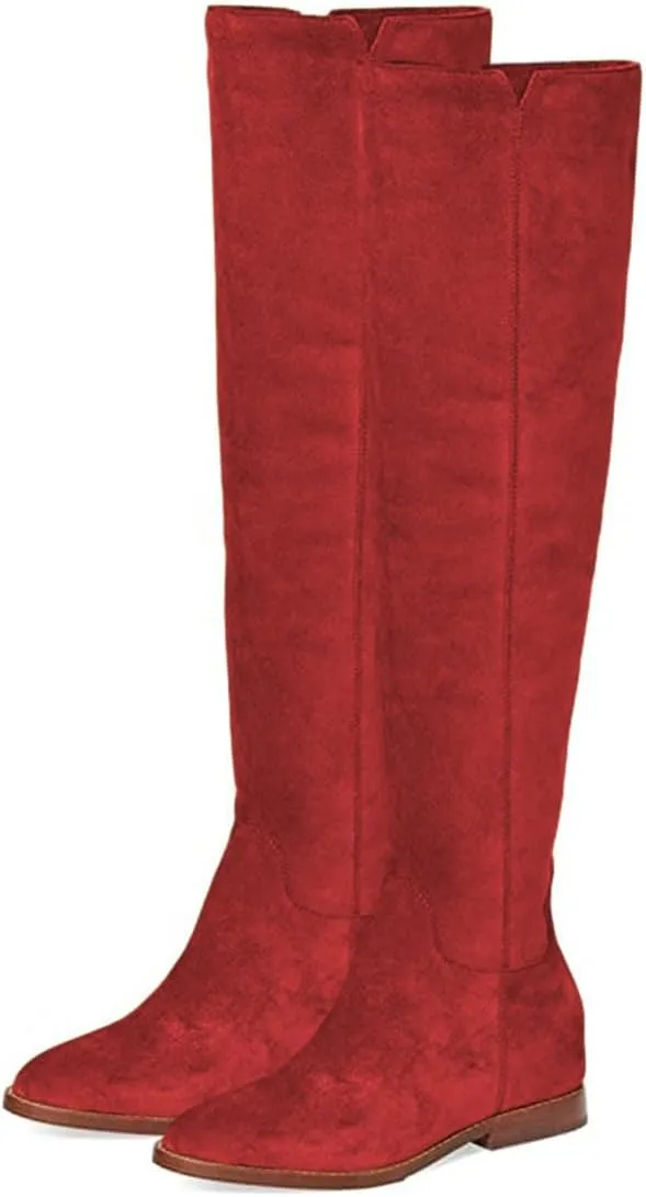 FYS Women's Fashion Round Toe Flat Low Heel Knee High Boots V-cut Side Zipper Long Boots Fall Winter Dress Shoes Size 4-16 US