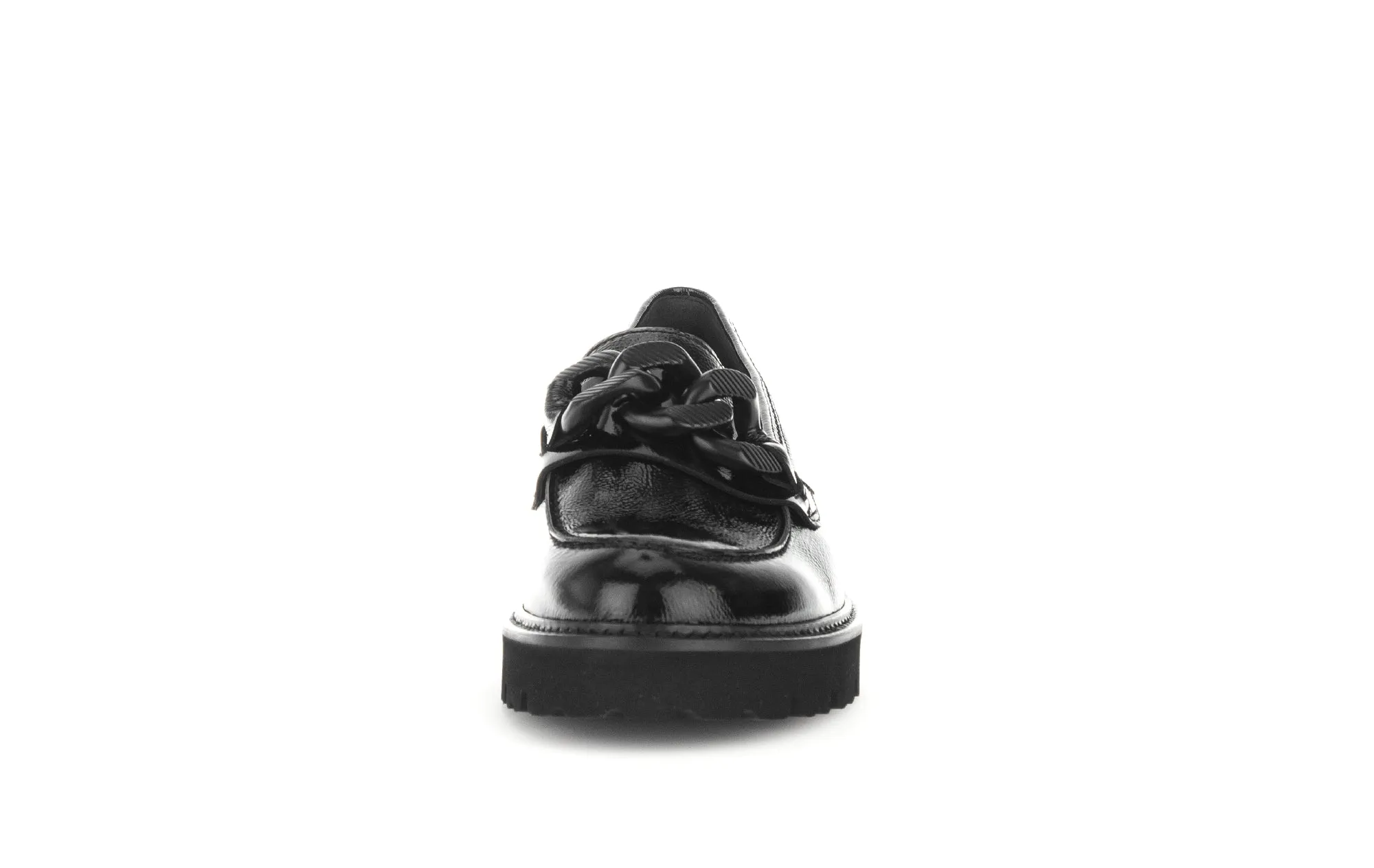 GABOR - 55.240.97 BLOCK HEEL SLIP-ON SHOE WITH CHAIN DETAIL - BLACK PATENT