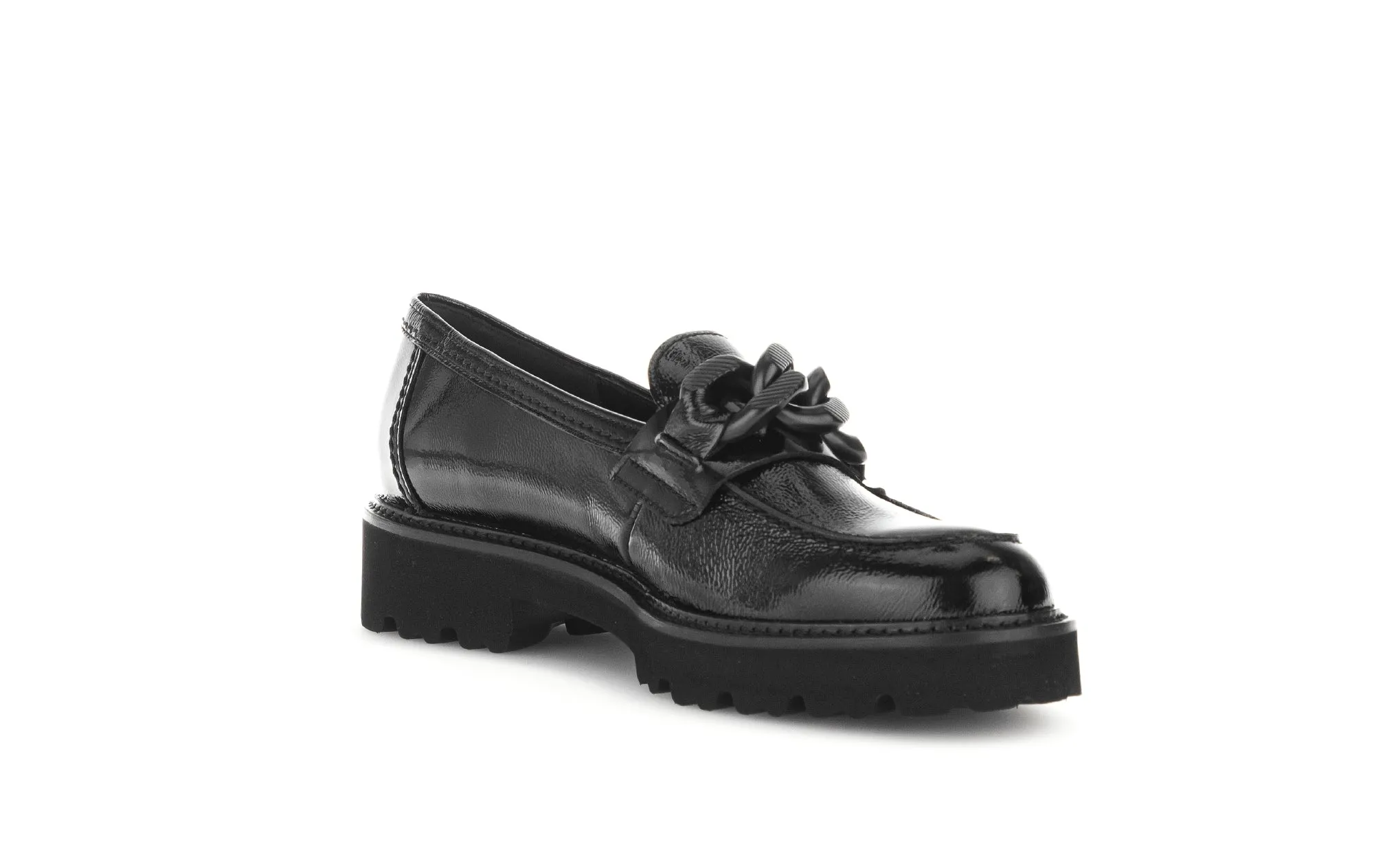 GABOR - 55.240.97 BLOCK HEEL SLIP-ON SHOE WITH CHAIN DETAIL - BLACK PATENT