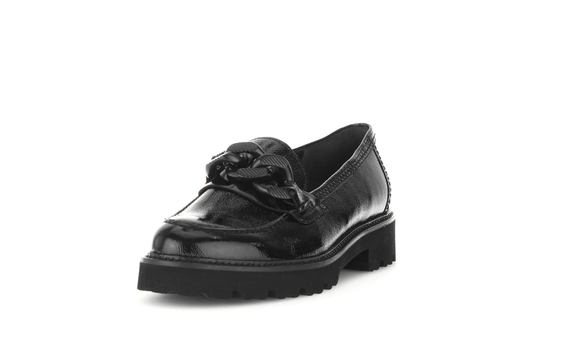 GABOR - 55.240.97 BLOCK HEEL SLIP-ON SHOE WITH CHAIN DETAIL - BLACK PATENT