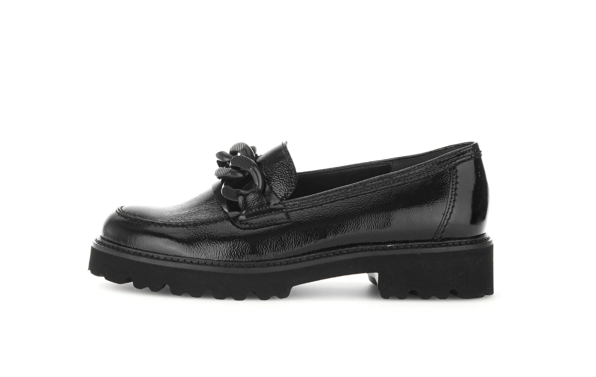 GABOR - 55.240.97 BLOCK HEEL SLIP-ON SHOE WITH CHAIN DETAIL - BLACK PATENT