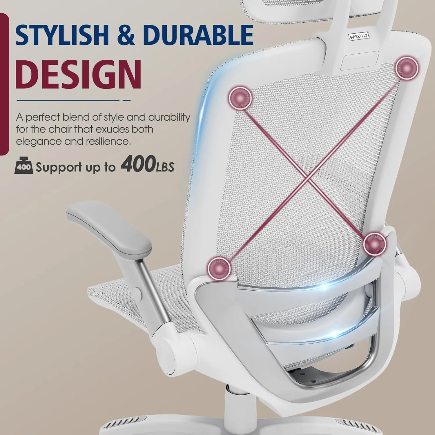 GABRYLLY Ergonomic Office Chair, High Back Home Desk Chair with Headrest, Flip-Up Arms, 90-120° Tilt Lock and Wide Cushion, 400LBS Mesh Chairs for Man Woman, White Task Chair(Grey,GY01WG)