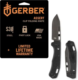 Gerber Gear Assert - Lockable, Lightweight Pocket Knife with Deep Carry Pocket Clip & Textured Handle - Premium Safety Knife - 3 Inch, Stainless Steel, Plain Edge - Black