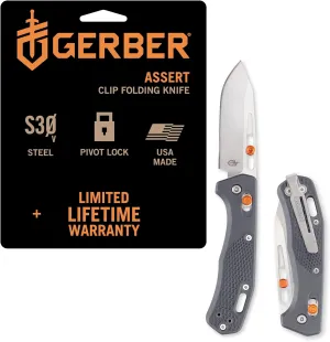 Gerber Gear Assert - Lockable, Lightweight Pocket Knife with Deep Carry Pocket Clip & Textured Handle - Premium Safety Knife - 3 Inch, Stainless Steel, Plain Edge - Gray
