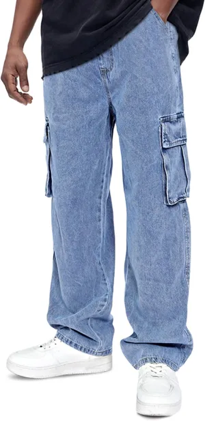 GINGTTO Mens Cargo Jeans Baggy Stretch with Pockets Blue Denim Cargo Pants for Men Boot Cut Hip Hop 32