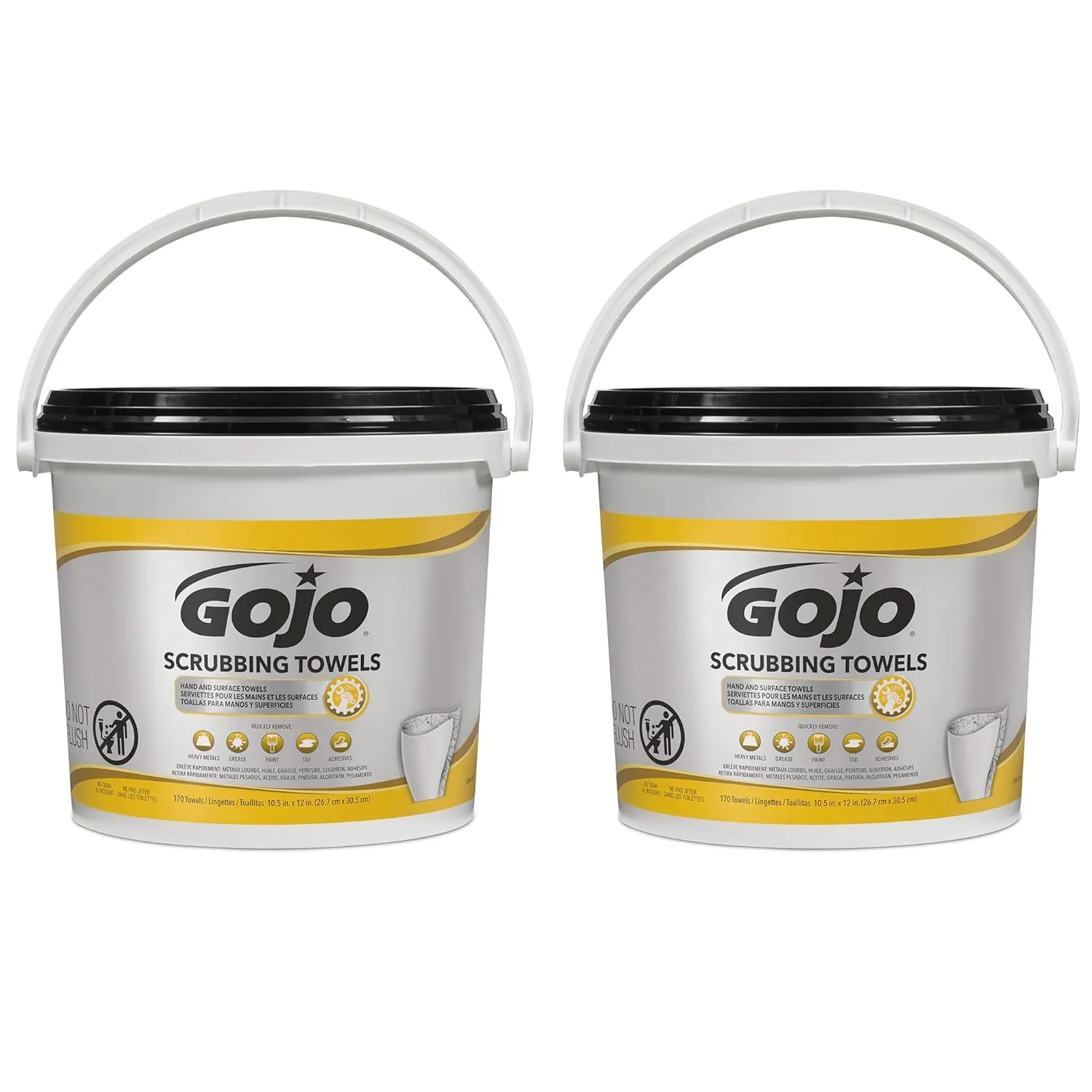GOJO Scrubbing Towels, Fresh Citrus Scent, 170 Count Extra Large Dual Textured Wet Towels Bucket (Pack of 2) – 6398-02