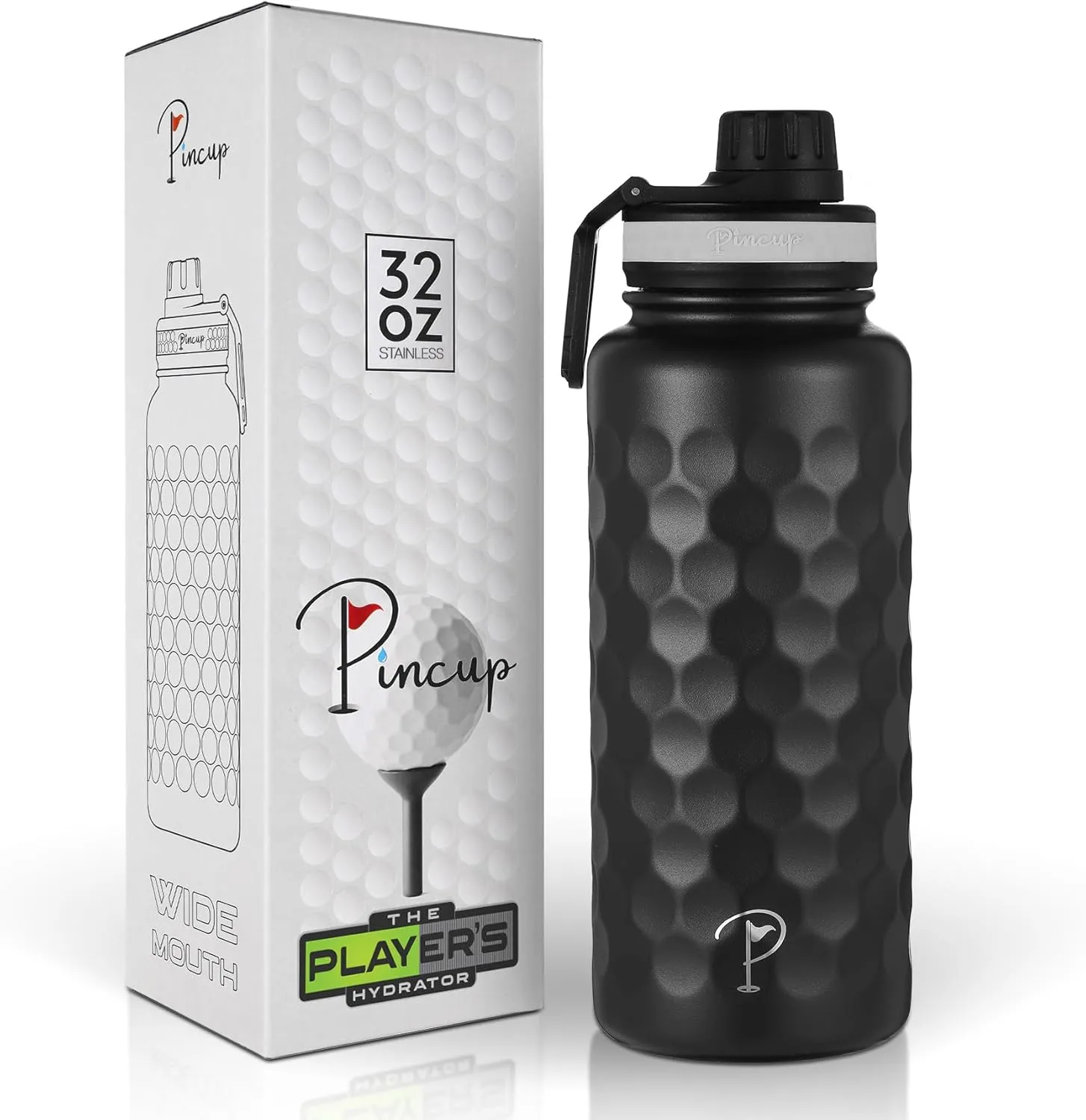 Golf Ball Water Bottle, Golf Ball Dimple Textured Thermos, Insulated Water Bottle for Golfers, Black 32oz Stainless Steel Flask with Spout Lid, Golf Gifts for Men & Women