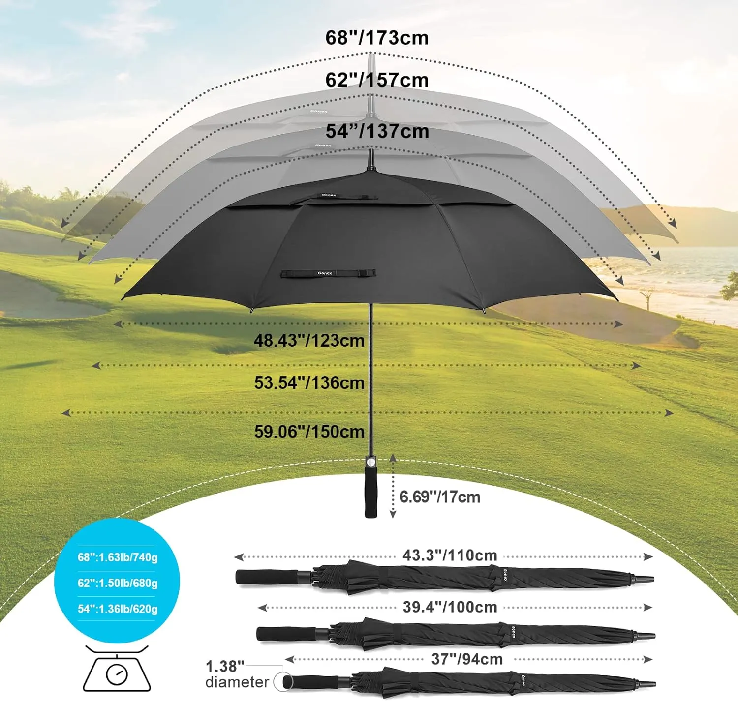 Gonex 54/62/68/72/80 Inch Extra Large Golf Umbrella, Automatic Open Travel Rain Umbrella with Windproof Water Resistant Double Canopy, Oversize Vented Umbrellas for 2-3 Men and UV Protection, Multiple Colors
