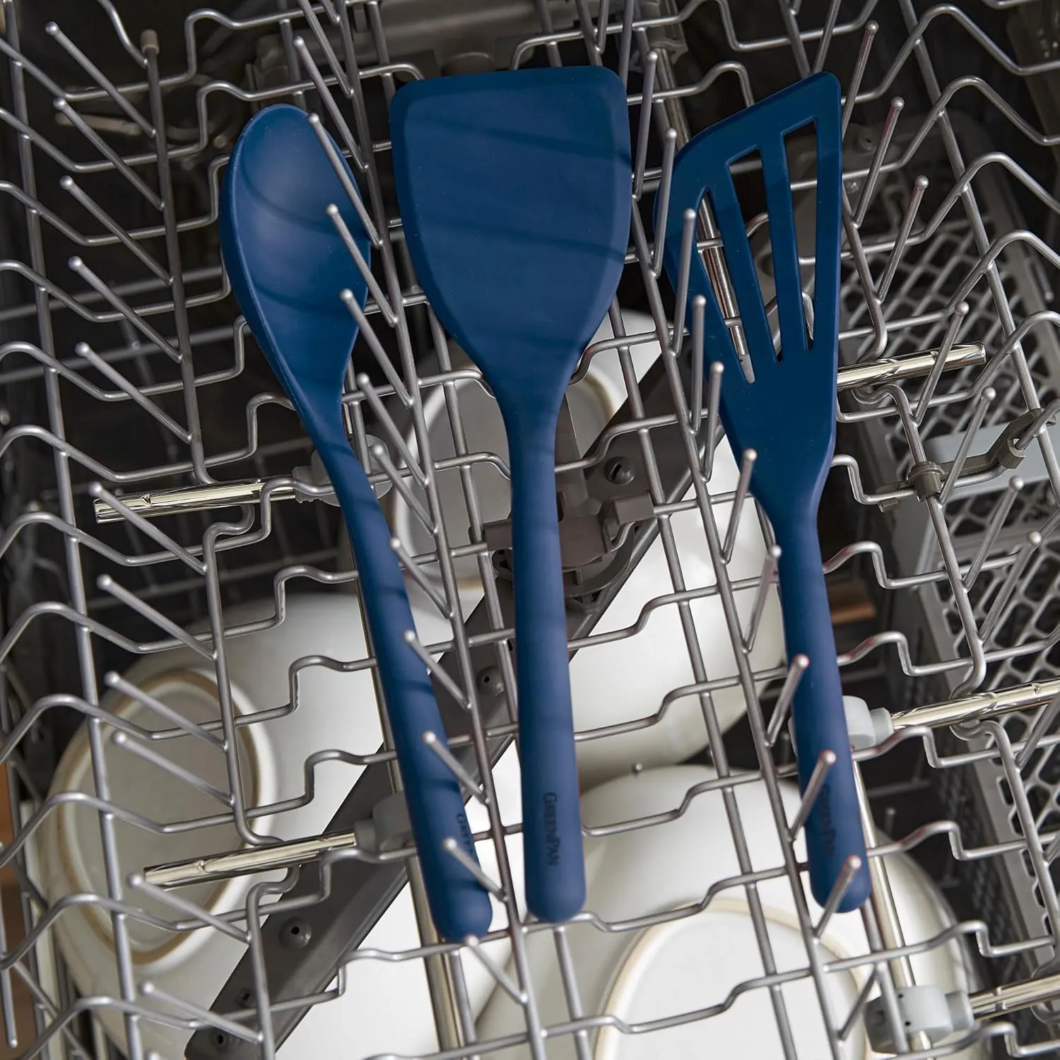 GreenPan Silicone 6 Piece Cooking Utensil Set & Holder, Spoon, Spatulas, Whisk, Ladle, Flexible Nonstick Kitchen Tools, Steel Core Heat-Resistant Anti-Slip Handle BPA-Free Dishwasher Safe, Oxford Blue