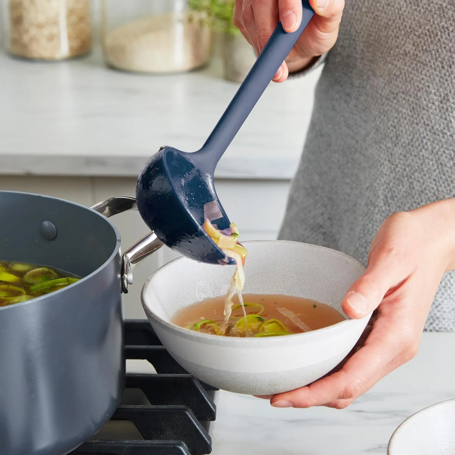 GreenPan Silicone 6 Piece Cooking Utensil Set & Holder, Spoon, Spatulas, Whisk, Ladle, Flexible Nonstick Kitchen Tools, Steel Core Heat-Resistant Anti-Slip Handle BPA-Free Dishwasher Safe, Oxford Blue