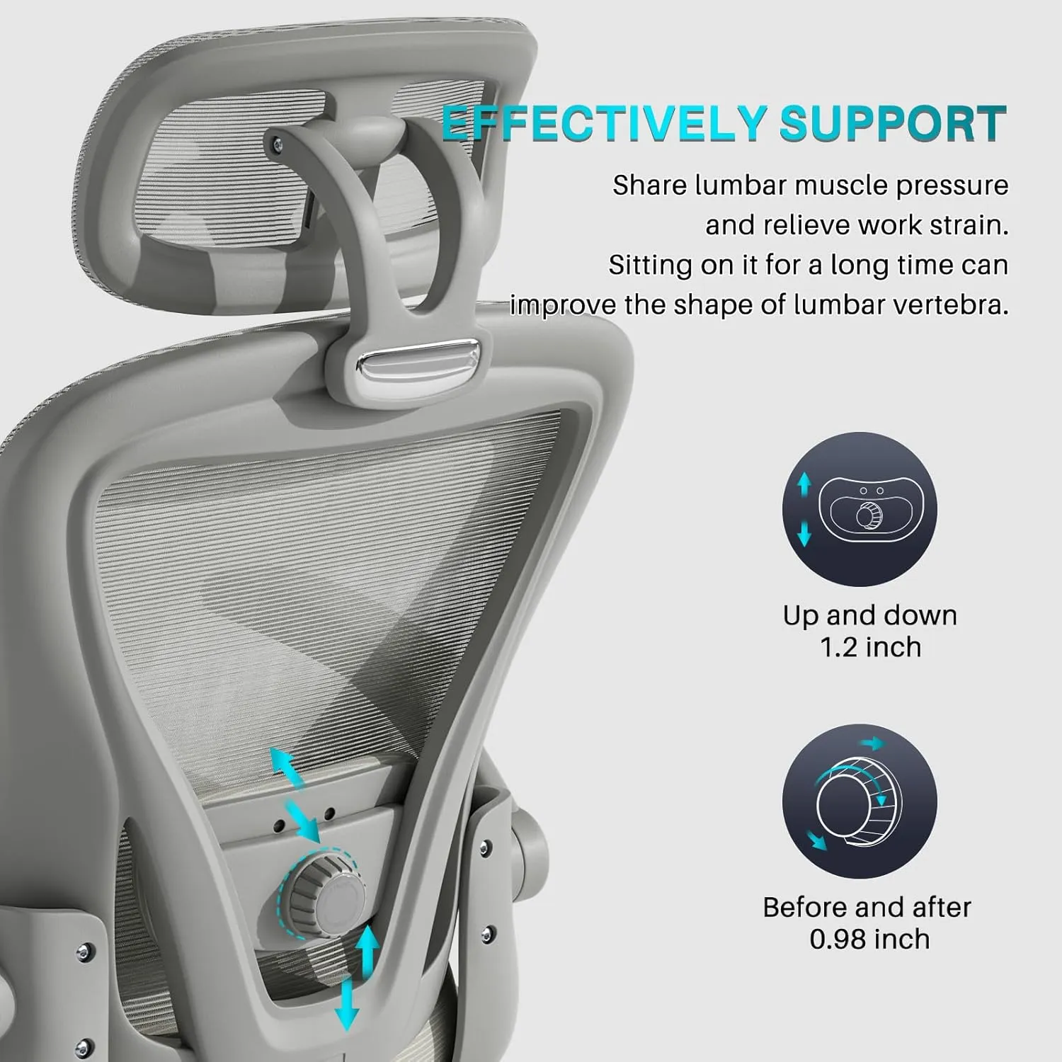 Grey Ergonomic Office Chair M903, High Back Comfy Mesh Desk Chair with Wheels, Adjustable Lumbar Support, Headrest