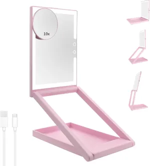 GURUN Travel Mirror with Light 10x Magnification Lighted Travel Makeup Mirror with Adjustable Height Dimmable 3-Color Folding Portable Mirror 2000mAh Rechargeable LED Small Vanity Mirror
