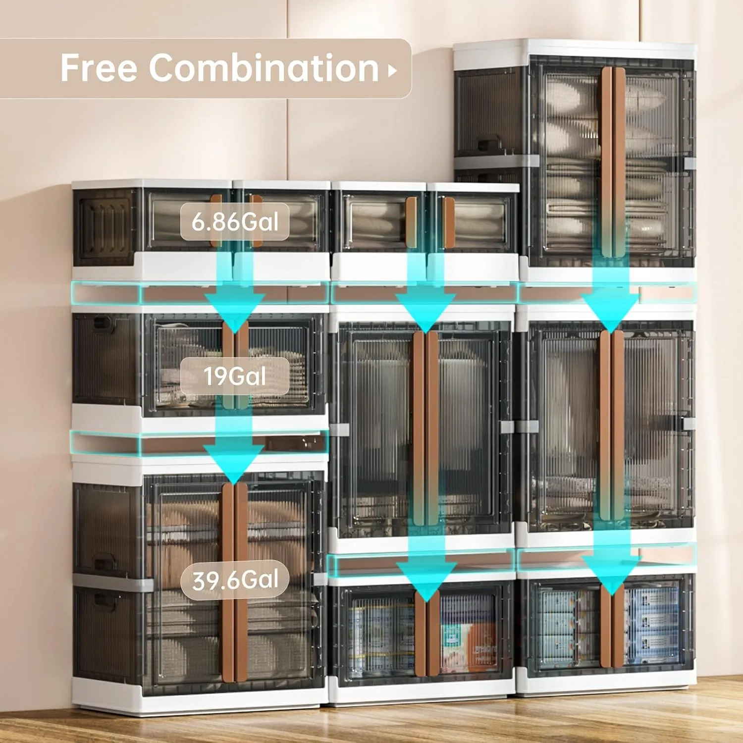 HAIXIN Closet Organizers and Storage, 77.6 Gal Stackable Bins, Wardrobe Organizer, Collapsible Clothing Storage with Closet Rod and Clothes Hangers (1 Pack 39.6 Gal and 2 Pack 19 Gal)