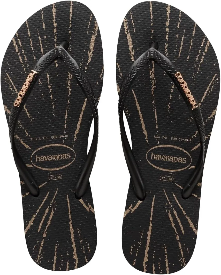 havaianas Women Slim Logo Metallic Chevron Flip Flops - Metallic Print Sandals - Black/Rose Gold Metallic, 6