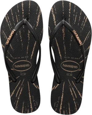 havaianas Women Slim Logo Metallic Chevron Flip Flops - Metallic Print Sandals - Black/Rose Gold Metallic, 6