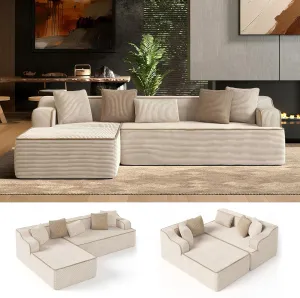 HERA'S HOUSE 104" Sofa with Chaise, L-Shaped Modern Modular Cloud Couch, Corduroy Fabric Plush Deep Seating with 5 Pillows, No Assembly Required Upholstered Living Room Furniture for Apartments