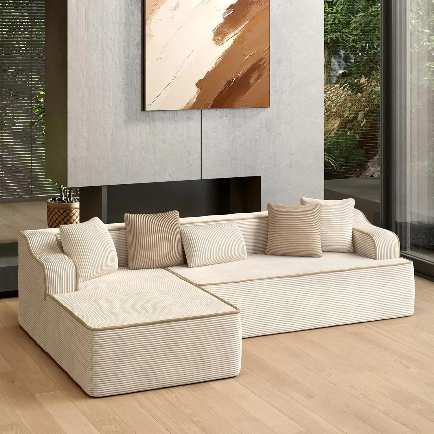 HERA'S HOUSE 104" Sofa with Chaise, L-Shaped Modern Modular Cloud Couch, Corduroy Fabric Plush Deep Seating with 5 Pillows, No Assembly Required Upholstered Living Room Furniture for Apartments