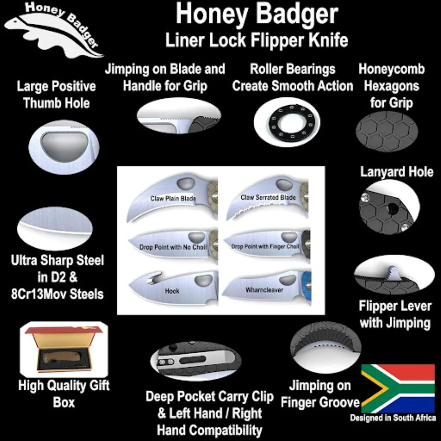 Honey Badger Pocket Knife Folding Flipper EDC Deep Pocket Carry for Outdoor Tactical Survival Camping HB1128 Claw Serrated Medium Blue D2