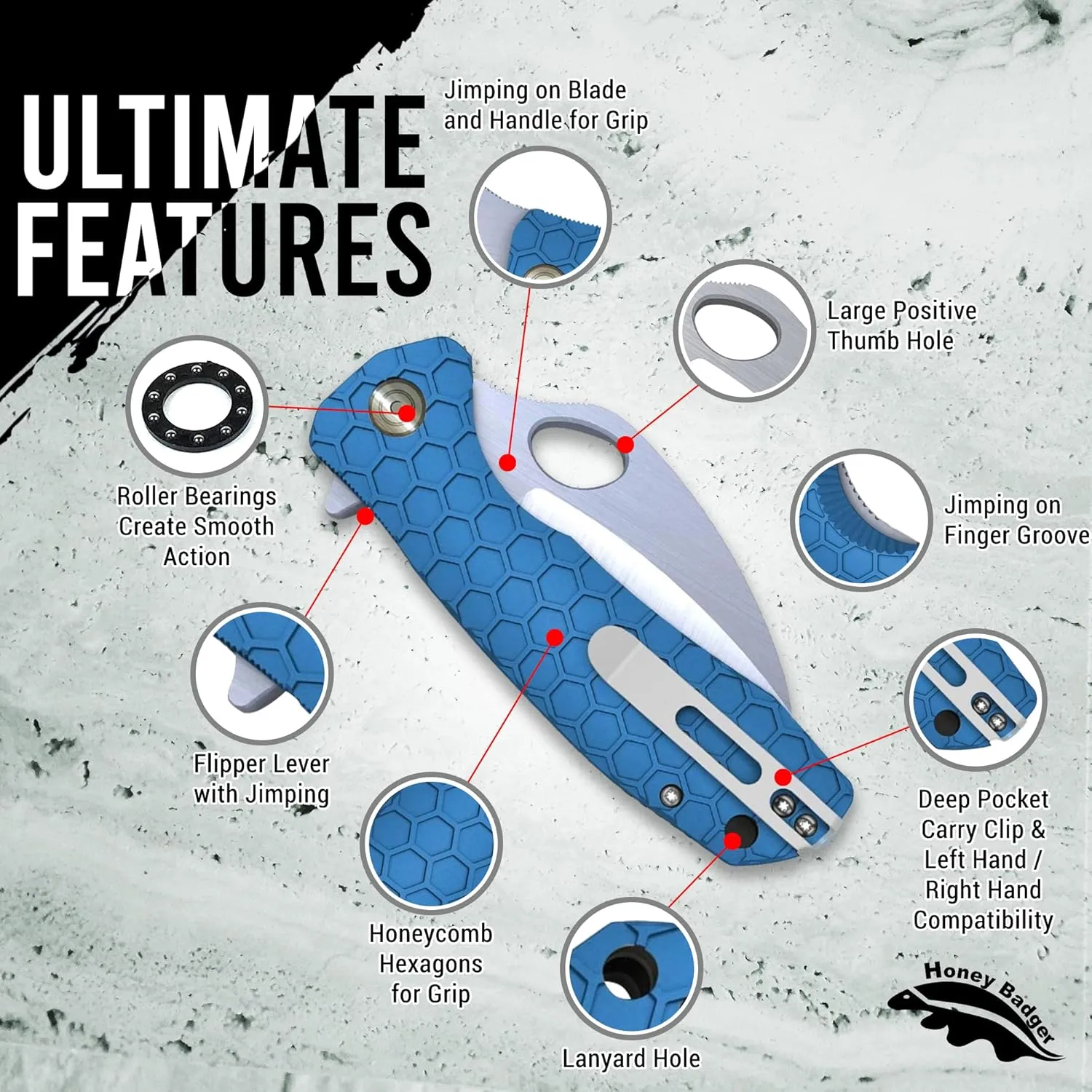 Honey Badger Pocket Knife Folding Flipper EDC Deep Pocket Carry for Outdoor Tactical Survival Camping HB1128 Claw Serrated Medium Blue D2