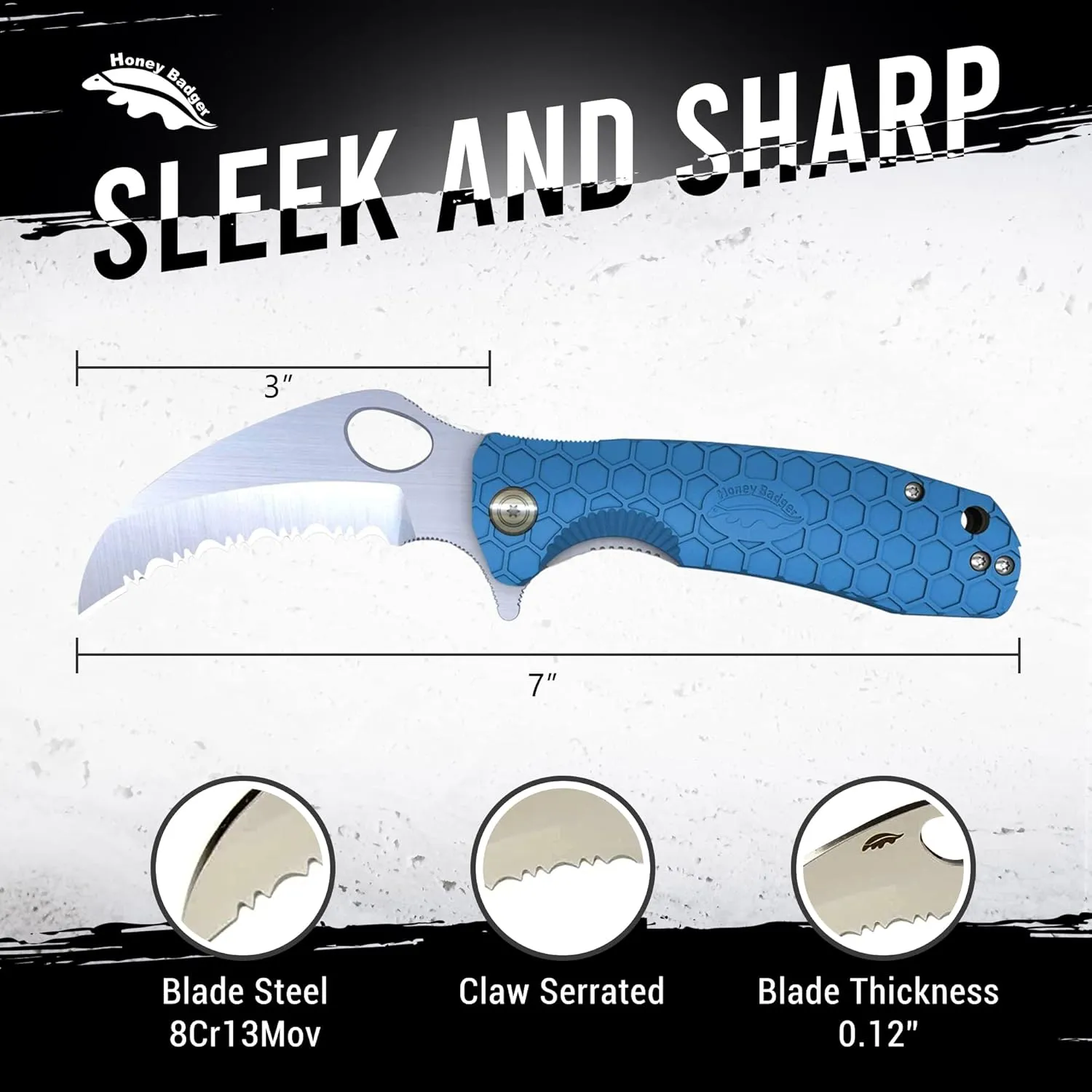Honey Badger Pocket Knife Folding Flipper EDC Deep Pocket Carry for Outdoor Tactical Survival Camping HB1128 Claw Serrated Medium Blue D2