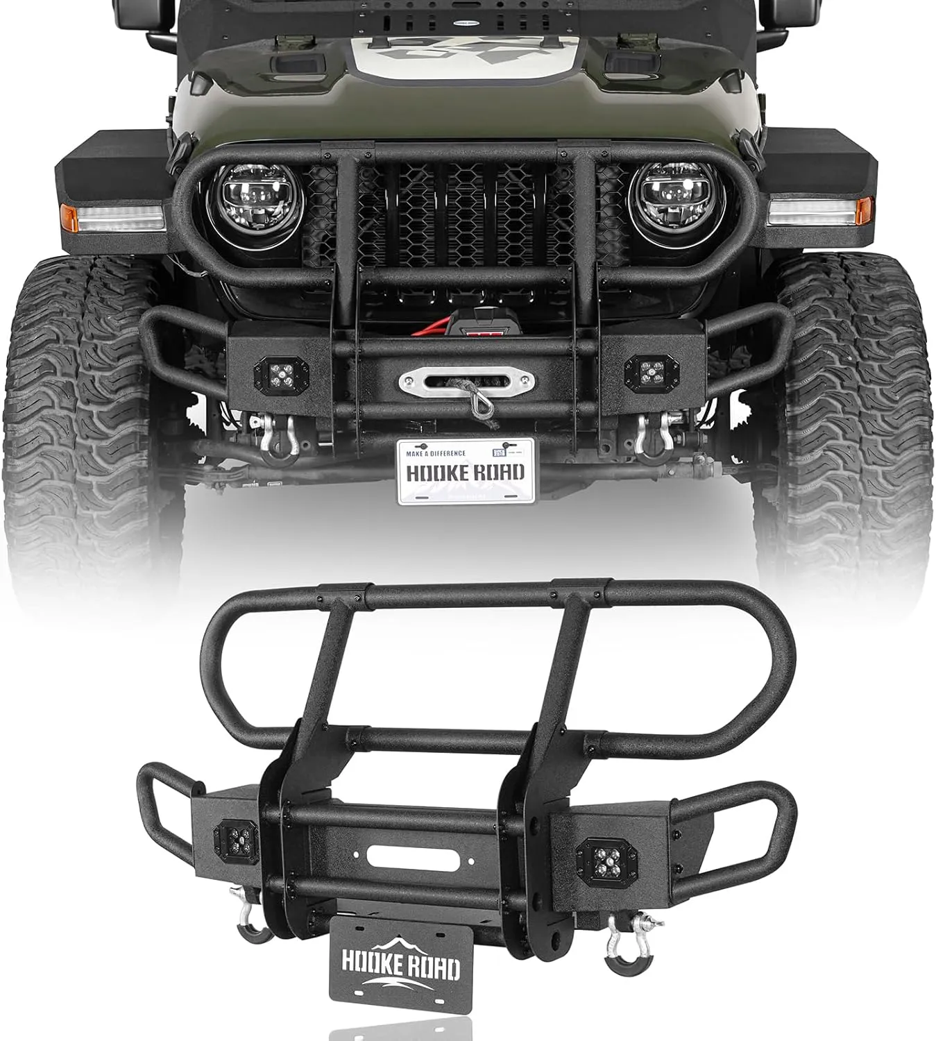 Hooke Road Wrangler/Gladiator Front Tubular Bumper w/Grill Guard for 2018-2025 Jeep Wrangler JL & Gladiator JT 2/4 Doors