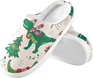 House Slippers for Women Girls,Dinosaur Christmas Winter Fuzzy Memory Foam Cozy Shoes for Men Slippers Indoor Outdoor Bedroom