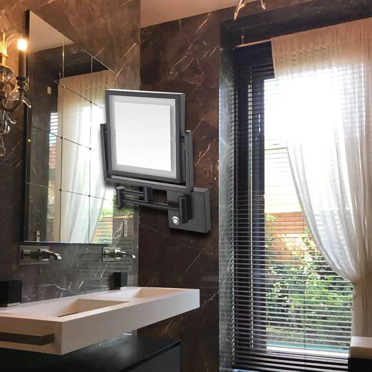 HUHJYUGE Square Double Sided Makeup Mirror Wall Mounted 1x/3x Magnification, Vanity Mirrors with Lamp, Bathroom Shaving Mirror with Extendable Arm 360° Swivel, Gifts for Women (ORB Plug)