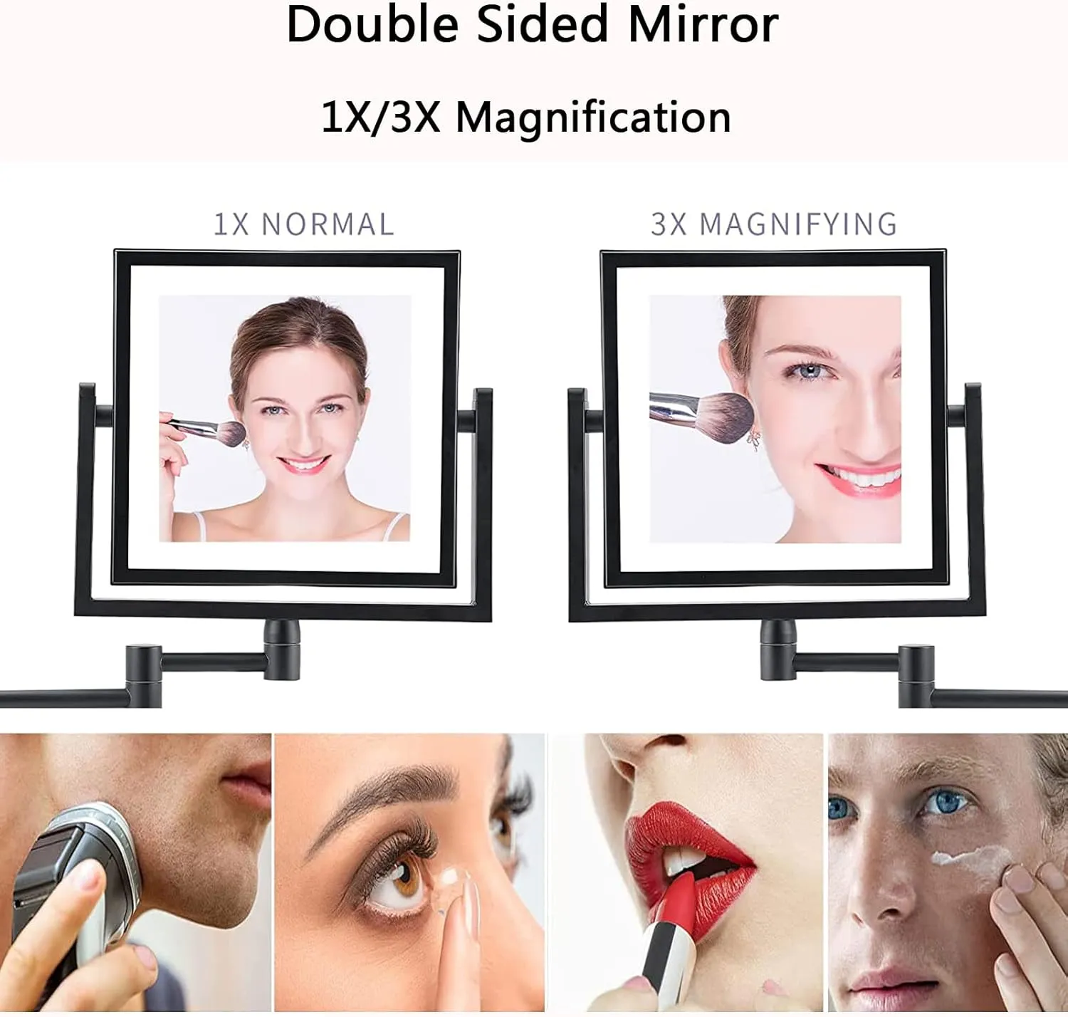 HUHJYUGE Square Double Sided Makeup Mirror Wall Mounted 1x/3x Magnification, Vanity Mirrors with Lamp, Bathroom Shaving Mirror with Extendable Arm 360° Swivel, Gifts for Women (ORB Plug)