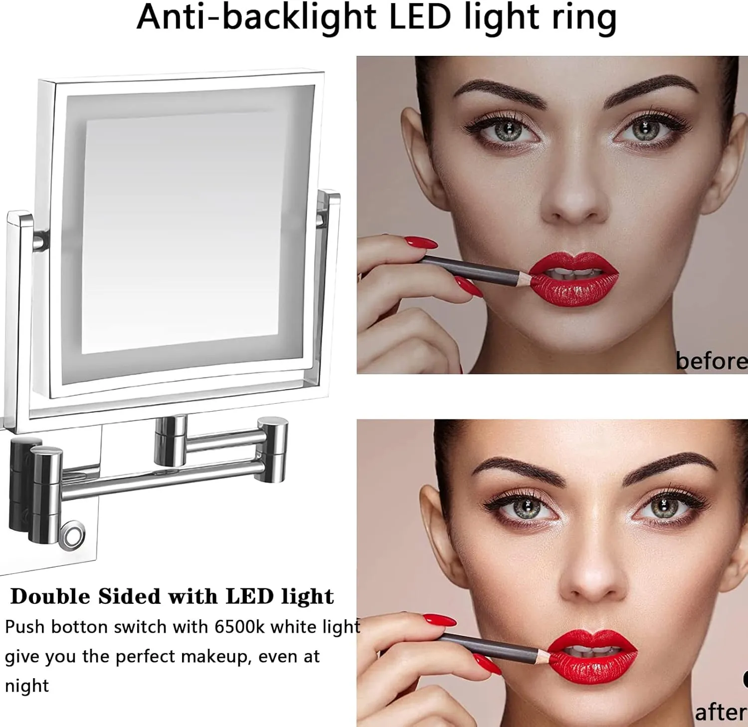 HUHJYUGE Square Double Sided Makeup Mirror Wall Mounted 1x/3x Magnification, Vanity Mirrors with Lamp, Bathroom Shaving Mirror with Extendable Arm 360° Swivel, Gifts for Women (ORB Plug)