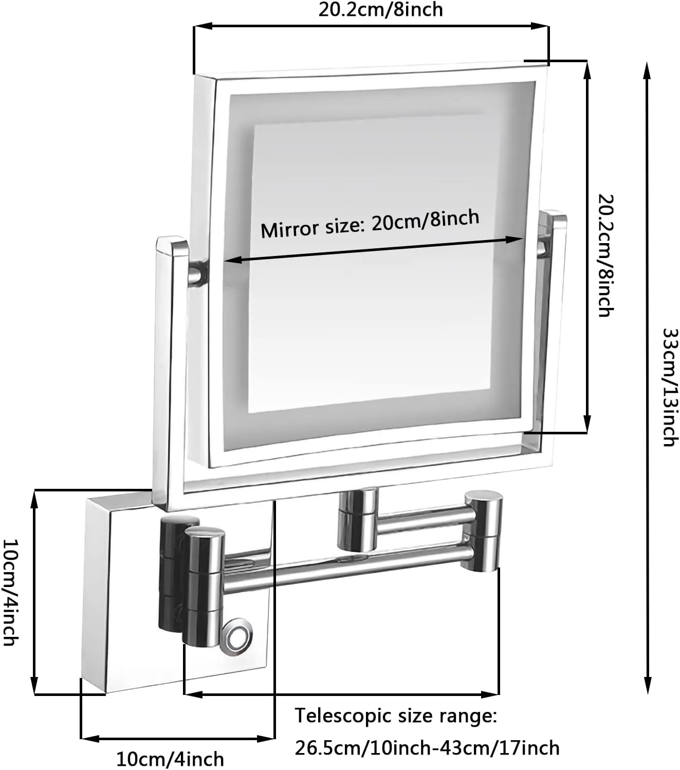 HUHJYUGE Square Double Sided Makeup Mirror Wall Mounted 1x/3x Magnification, Vanity Mirrors with Lamp, Bathroom Shaving Mirror with Extendable Arm 360° Swivel, Gifts for Women (ORB Plug)