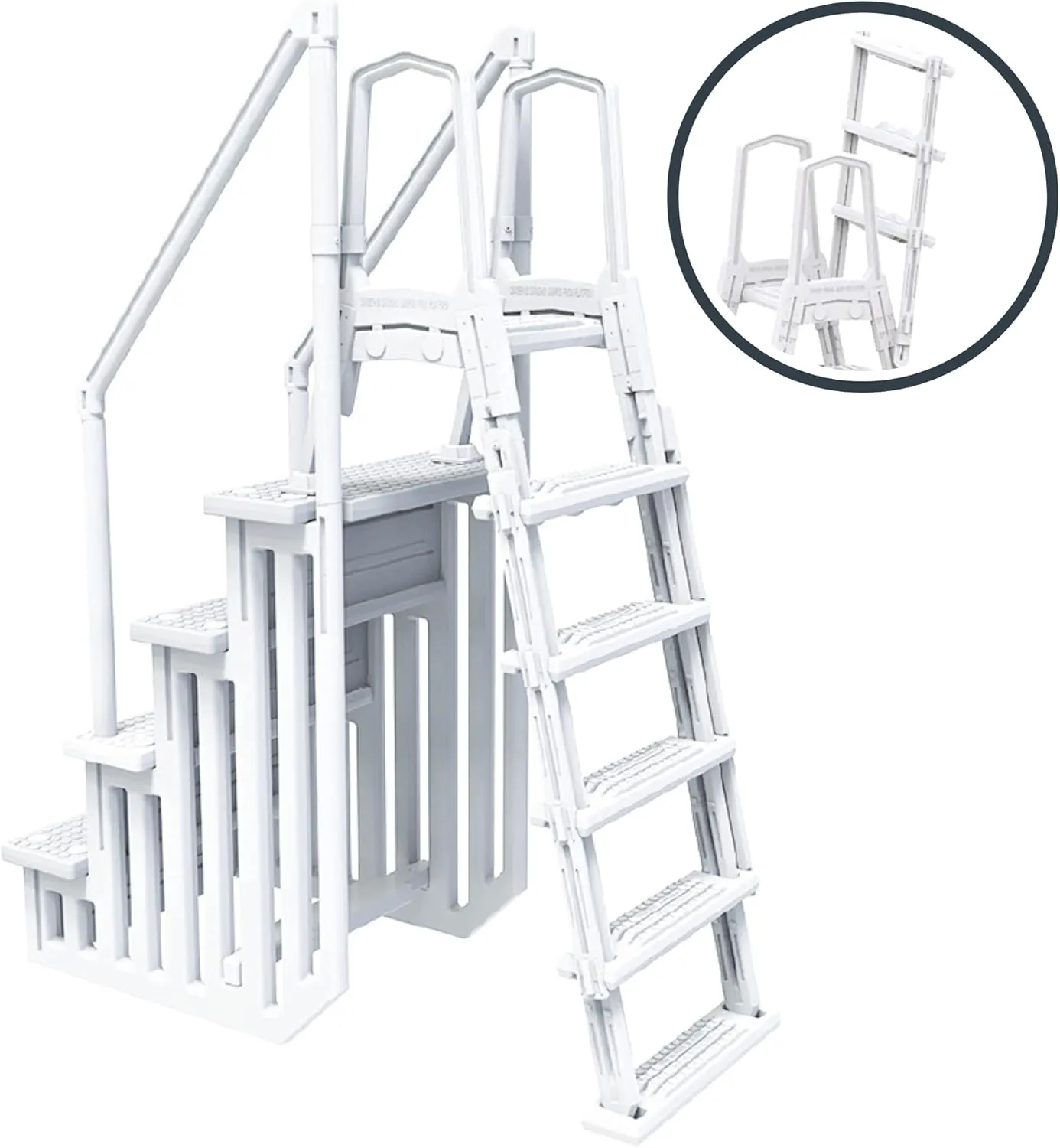 HYDROTOOLS By SWIMLINE 87945 Premium Resin In-Pool Step & Ladder Entry Exit Combo With Handrails For Above Ground Pools | 48 To 54 Inch Height | Extra Large Non Slip Treads And Flip Up External Ladder