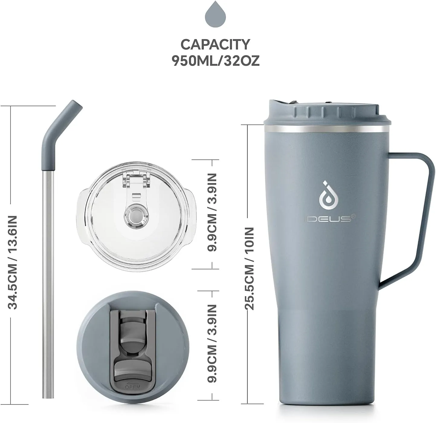 Ideus 32 oz Tumbler with Handle and Straw, 100% Leakproof Insulated Tumbler with Lid and Straw, Gifts for Teens Women Men, Cup Holder Friendly (Gray)