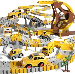 iHaHa 299 PCS Construction Race Tracks Boys Toys, 6 PCS Engineering Cars and Flexible Race Track Playset Create A Engineering Road Gifts Toys for 3 4 5 6 Year Old Boys Kids