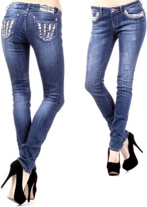 Jack David U-Cute Sweet Look Clash Jeans Women's Rhinestone Dark Wash Mid Rise Boot Cut/Skinny Denim Jean