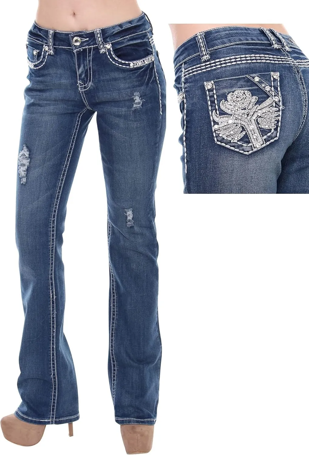 Jack David U-Cute Sweet Look Clash Jeans Women's Rhinestone Dark Wash Mid Rise Boot Cut/Skinny Denim Jean