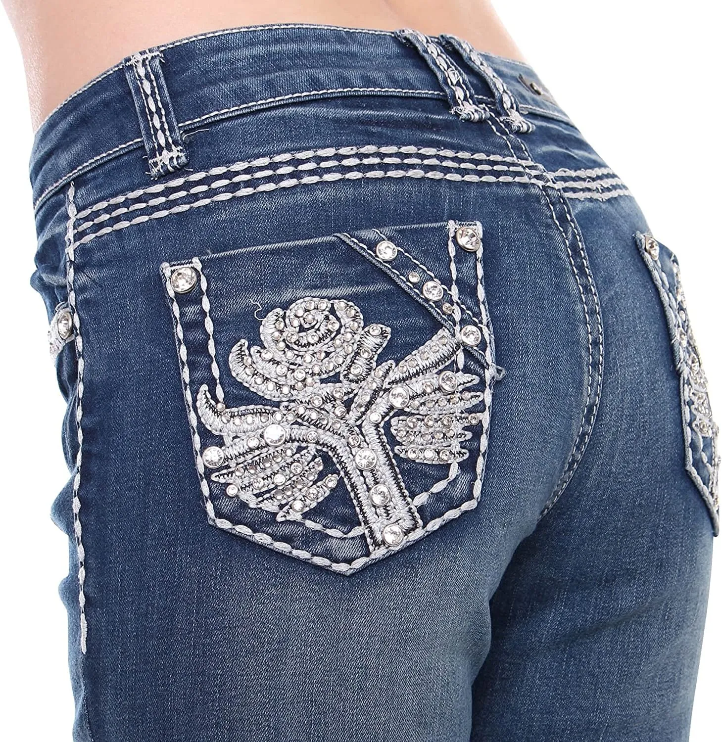 Jack David U-Cute Sweet Look Clash Jeans Women's Rhinestone Dark Wash Mid Rise Boot Cut/Skinny Denim Jean