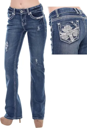 Jack David U-Cute Sweet Look Clash Jeans Women's Rhinestone Dark Wash Mid Rise Boot Cut/Skinny Denim Jean