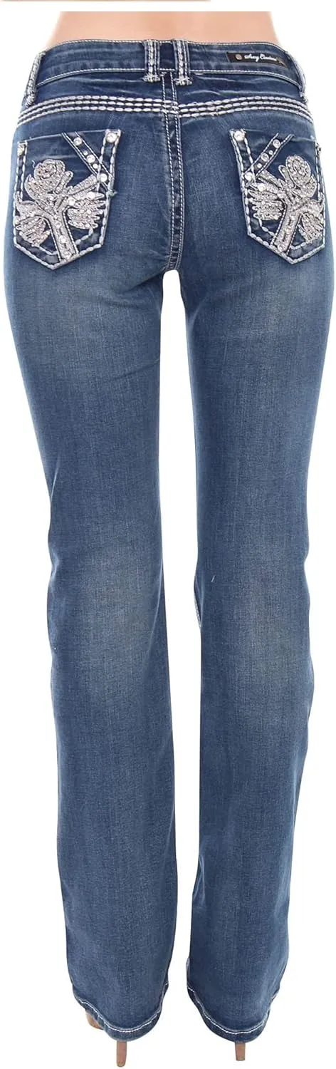 Jack David U-Cute Sweet Look Clash Jeans Women's Rhinestone Dark Wash Mid Rise Boot Cut/Skinny Denim Jean