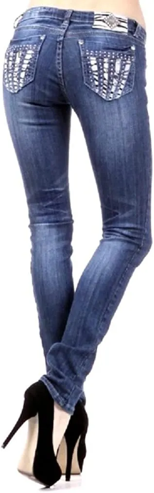Jack David U-Cute Sweet Look Clash Jeans Women's Rhinestone Dark Wash Mid Rise Boot Cut/Skinny Denim Jean