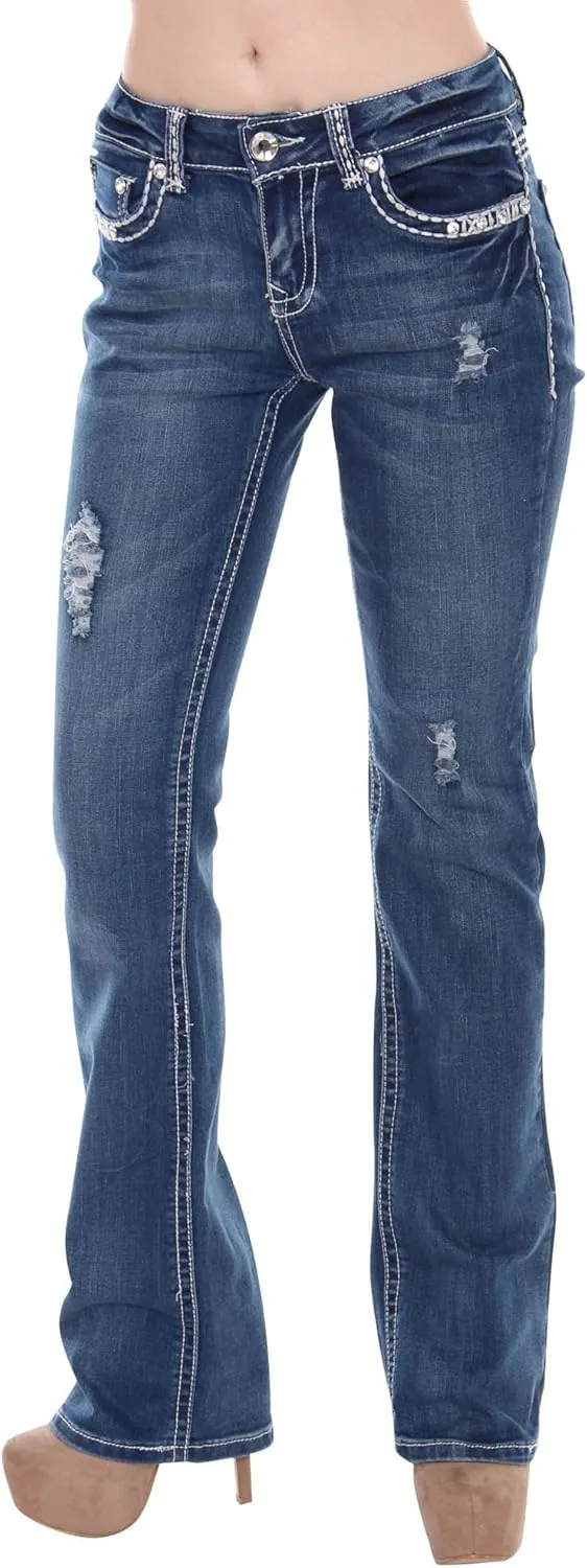 Jack David U-Cute Sweet Look Clash Jeans Women's Rhinestone Dark Wash Mid Rise Boot Cut/Skinny Denim Jean