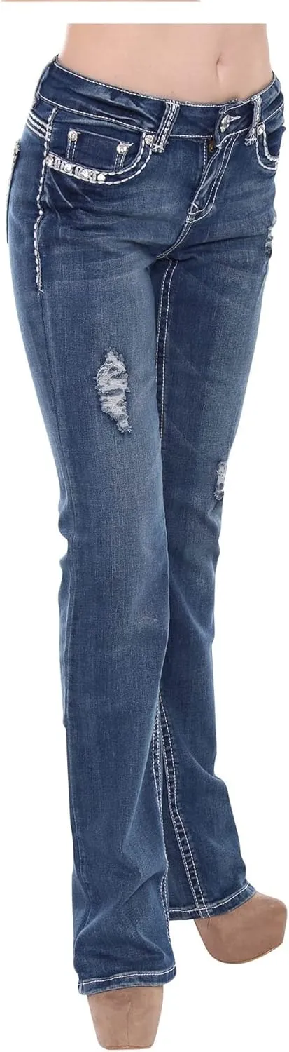 Jack David U-Cute Sweet Look Clash Jeans Women's Rhinestone Dark Wash Mid Rise Boot Cut/Skinny Denim Jean